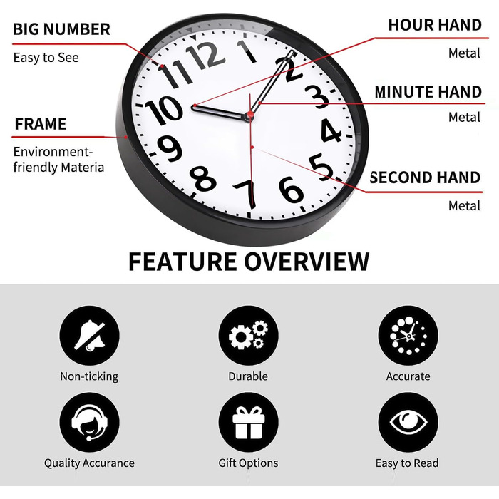 Настінний годинник TOHOOYO 9-дюймовий настінний годинник на батарейках безшумний настінний годинник, що не цокає сучасний кварцови