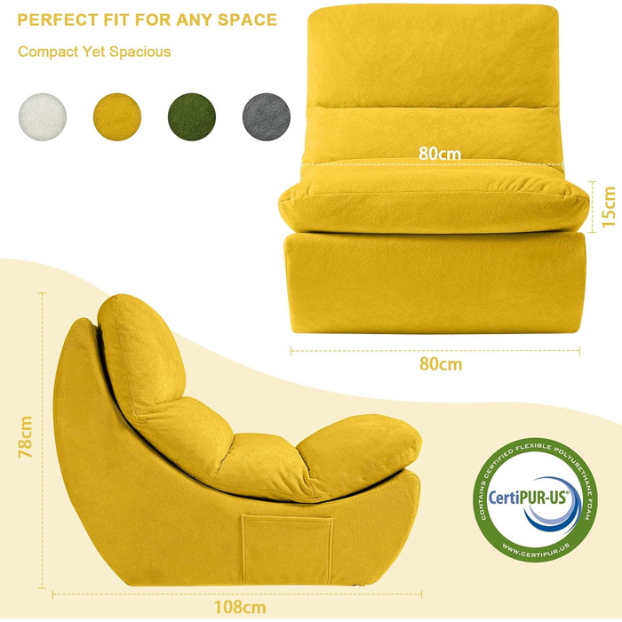Крісло-мішок, крісло для читання, крісло-мішок, 1-місний диван з піни з ефектом пам&39яті, диван-лінивець, розкладний диван для читання, для сну у вітальні та спальні, складання не потрібне, жовтий