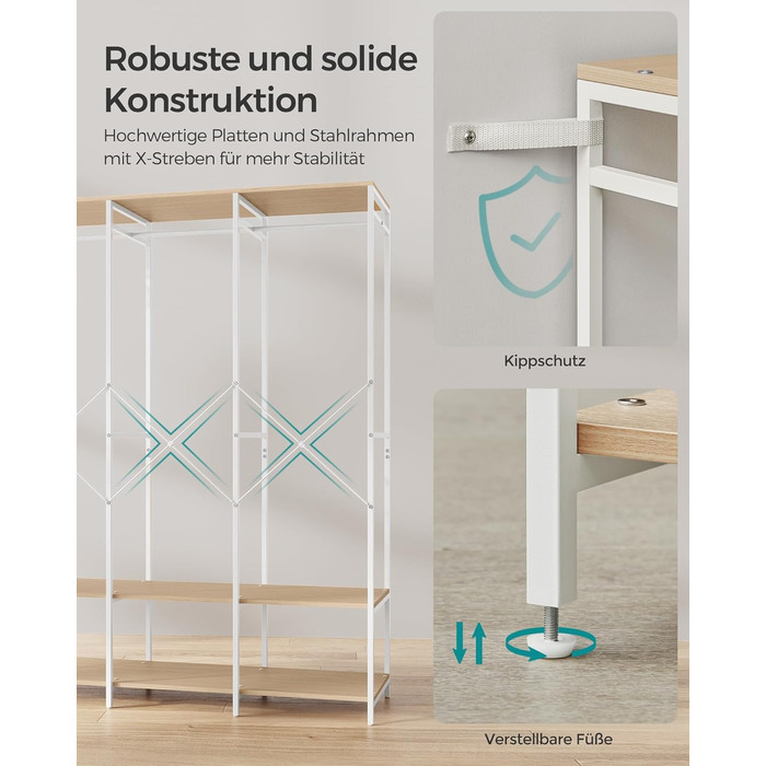 Відкрита шафа, вішалка для одягу, вішалка для пальто, шафа з рейкою для одягу, полиці, знімні гачки, 40 x 141 x 180 см, натуральний бежевий RGR005W67 Натуральний бежевий 40 x 141 x 180 см