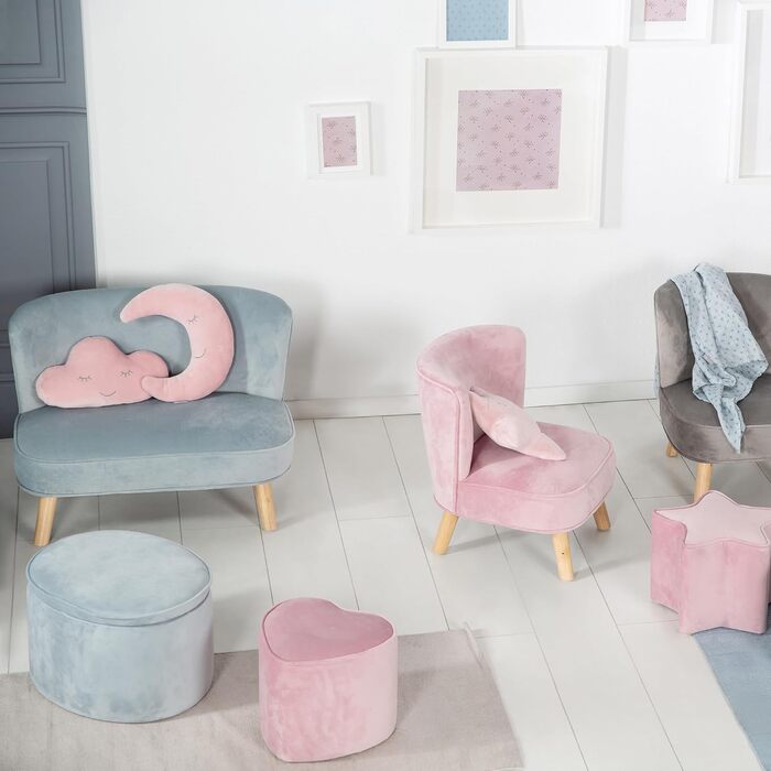 Дитячий табурет Lil Sofa у формі серця - Зручний табурет з рожевої оксамитової тканини - М'які меблі пуф для дитячої кімнати - Вис