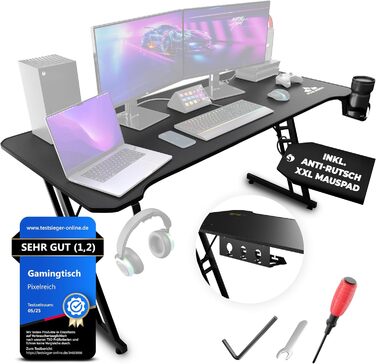 Ігровий стіл 160x70 Стіл з килимком для миші XXL та системою організації кабелів для ПК-геймерів Чорний 160x70x75