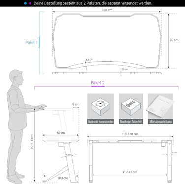 Ігровий стіл Ultimate Setup, регульована висота, електричний, чорний, ігровий стіл, ігровий стіл, ігровий стіл 180x80 см, карбонове покриття для ігрової кімнати, чорна рама 180x80x2,5 см