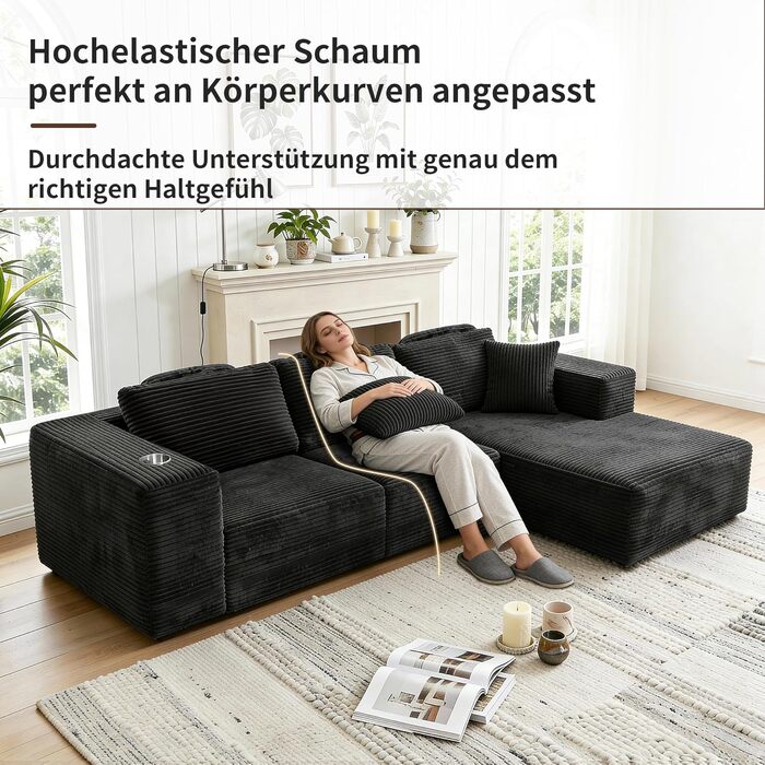 Кутовий диван з 3 подушками для шиї, диван Cloud Boneless з боковим відділенням та підсклянником, вельветовий L-подібний розкладний диван, глибоке сидіння, диван з правим шезлонгом, для вітальні, чорний Нековзка основа