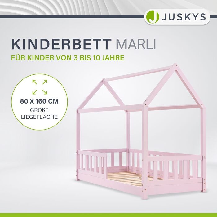 Дитяче ліжко Juskys Marli 80 x 160 см з матрацом, захисними поручнями, рейковою основою та дахом - Ліжко-будиночок з масиву дерева для дітей - Ліжко рожевого кольору