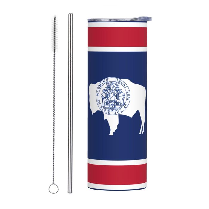 Кухоль з прямою трубочкою, 590 мл, дизайн прапор штату Вайомінг, друкований, дорожній кухоль, підходить для кемпінгу, офісу та дому