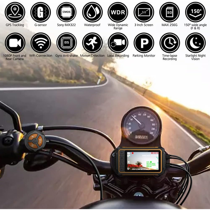 Відеореєстратор для мотоцикла, 1080P відеореєстратор з подвійною камерою, водонепроникною спереду і ззаду з 3 РК-дисплеєм, WiFi, G