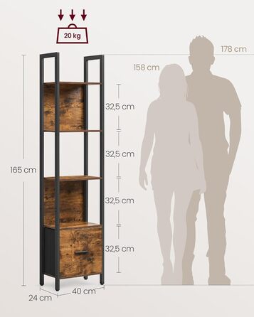 Рівнева кутова книжкова полиця з шухлядою, драбина, промисловий дизайн, сталевий каркас, для вітальні, домашнього офісу, спальні, 24 x 40 x 165 см, вінтажний коричнево-чорний LLS146B01 40B см, 5-