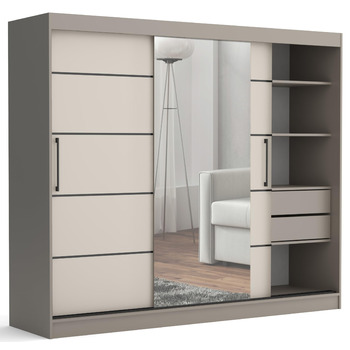 Шафа з дзеркалом та шухлядами, ширина 235 см, Chelsea Tomy, шафа з розсувними дверима та дзеркалом, шафа для спальні, шафа камінь/бежевий.