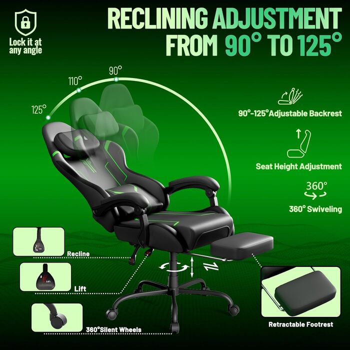 Ігрове крісло, ергономічне ігрове крісло - регульоване та поворотне ігрове крісло, з шарнірними підлокітниками, підставкою для ніг, поперековою опорою, шкіряним покриттям, ігрове крісло для кіберспорту/дому/офісу (чорний зелений) сірий