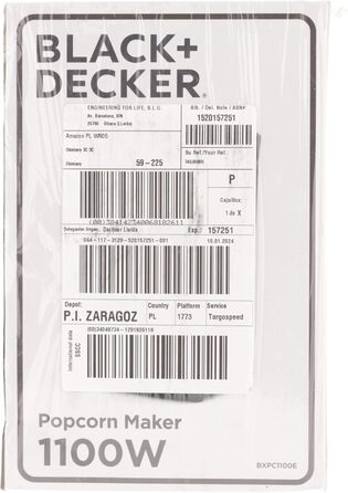 Виробник попкорну Black Decker BXPC1100E 1100 Вт Без олії Компактний Приготування всього за 3 хвилини Багатофункціональні мірні чашки Гаряче повітря Червоний