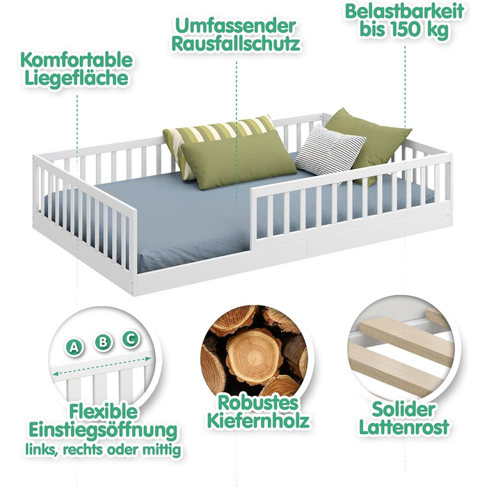 Підлогове ліжко CADANI Timi 2в1 120x200 см Дитяче ліжко Монтессорі зі знімним захистом від випадіння, включаючи ламельну раму, з м