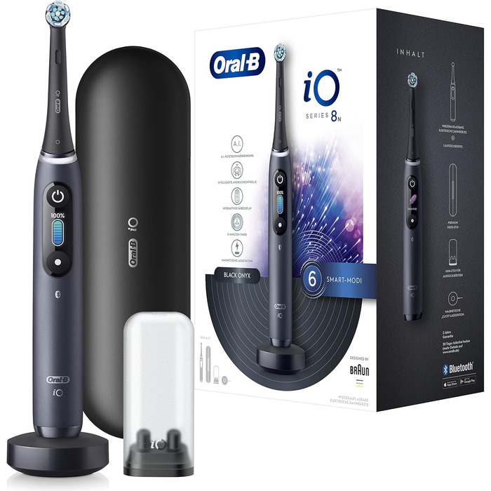 Електрична зубна щітка Oral-B iO Series 8, 6 режимів чищення зубів, магнітна технологія, кольоровий дисплей і дорожній футляр, чорний онікс