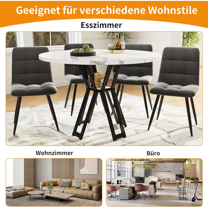 Круглий обідній стіл Wiuzo (100 x 100 x 76 см), легкий та розкішний круглий стіл для 4-6 осіб, підходить для їдалень та віталень, чорні ніжки, мармурова стільниця з МДФ Black-3
