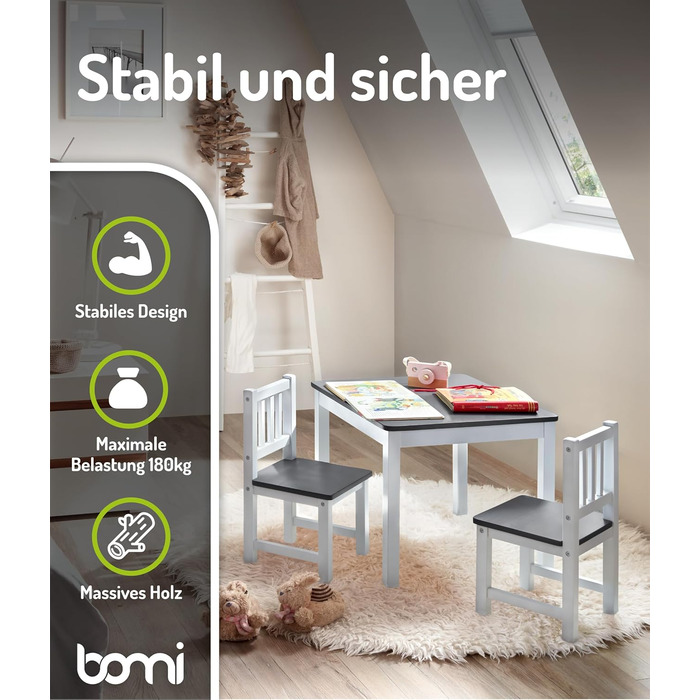 Дитячий дерев&39яний комплект сидіння Bomi Amy Дитячий стіл з 2 стільцями Комплект столу та стільців для дитячої кімнати Ігровий стіл Дитячий стіл для приміщень Дитячий стіл для мистецтва та ремесел Дитячі меблі Біло-сірий Біло-сірий 2 стільці 1 стіл