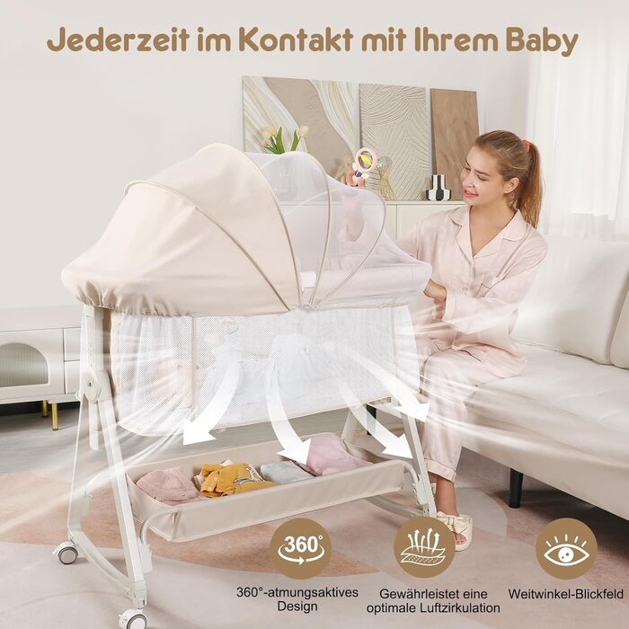 Дитяче ліжечко-тумбочка 4-в-1, покращена стійкість, 6-позиційне регулювання висоти, повністю сітчасті боки для новонароджених до 12 місяців, бежевий колір