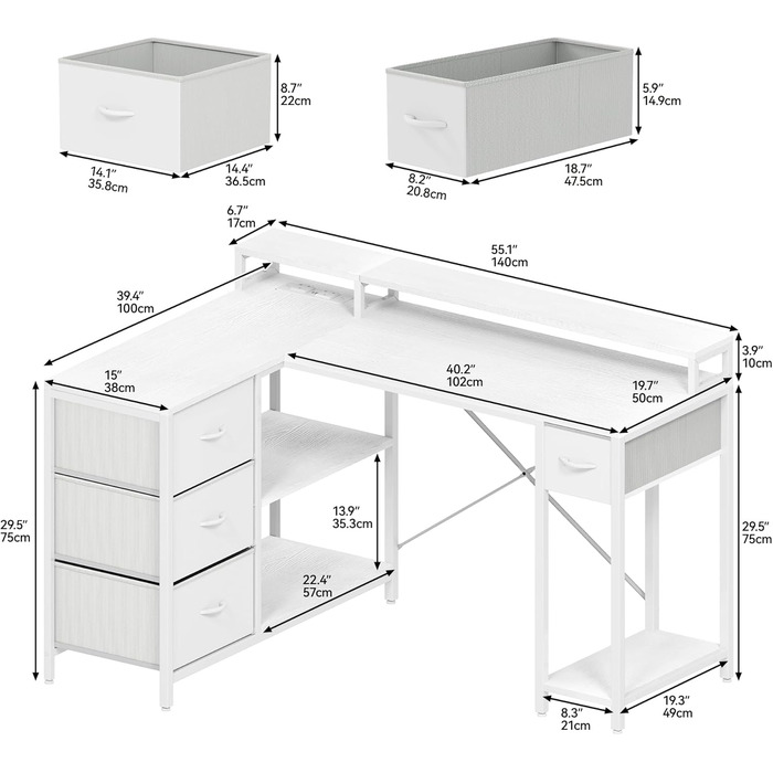 Подібний письмовий стіл із USB-портом для зарядки та розеткою, двосторонній кутовий стіл із 4 шухлядами та полицею, ігровий стіл із підставкою для монітора, 140x100 см, комп&39ютерний стіл для офісу, білий