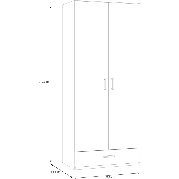 Гардероб Forte ECONOBOX 90, класична шафа з двома дверима-орнізаторами та 1 шухлядою, інженерна деревина, білий колір, ширина 88,9 см, висота 210,5 см, глибина 54,2 см. Білий матовий, 2-дверний з шухлядою.