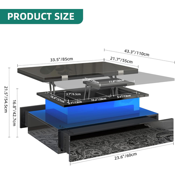 Журнальний столик з регульованою висотою, глянцевий стіл для вітальні з 2 шухлядами та світлодіодним освітленням, журнальні столики з прихованим відділенням для зберігання, трансформується в обідній стіл, чорний