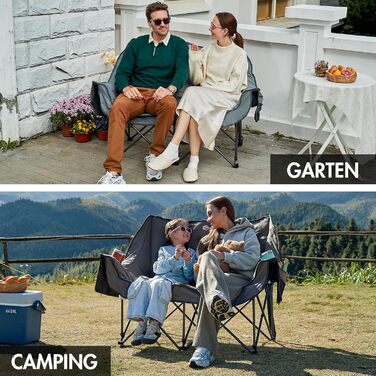 Складаний кемпінговий стілець/диван Portal для 2 осіб, вантажопідйомність 272 кг, суперм&39який з сумкою для зберігання, подвійний складний стілець/диван, товста підкладка, висока спинка для саду/балкона, сірий