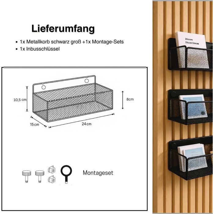 Набір аксесуарів дизайнерського виробника, полиці та настінні контейнери для настінних органайзерів та акустичні панелі для саморобних настінних полиць для офісу, кухні тощо (великий металевий дротяний кошик для настінних органайзерів без свердління) Мета