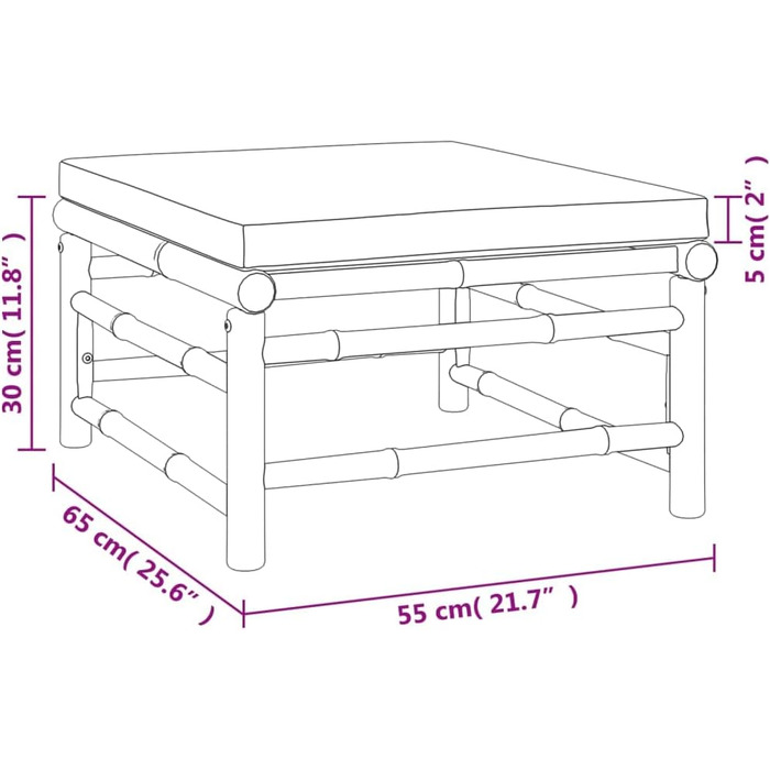 Садовий стілець, Табурет зі світло-сірою подушкою, Модульний табурет для садового патіо, Підніжка Садові меблі, Бамбук