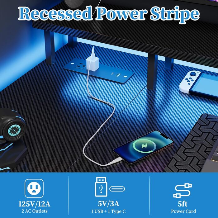 Г-подібний стіл Grandder 100x50 см зі світлодіодним освітленням та розетками, ігровий стіл з 2 полицями, комп&39ютерний стіл з підставкою для монітора, робоча станція для домашнього офісу, чорний 100 x 70 см, чорний колір під карбон