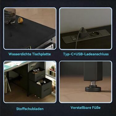 Г-подібний письмовий стіл з 3 тканинними шухлядами, 140 x 80 см. Двосторонній кутовий письмовий стіл з підставкою для монітора, розеткою та USB-портом для зарядки для домашнього офісу, чорний.