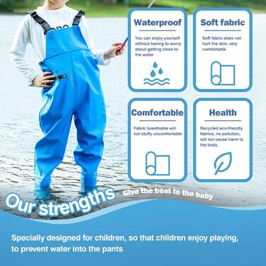 Дитячі вейдерси VicBre для хлопчиків та дівчаток, кишеня на блискавці, регульовані лямки, дизайн із застібкою на спині, водонепроникні штани від дощу з черевиками, вейдерси для підлітків, розмір 34, синій
