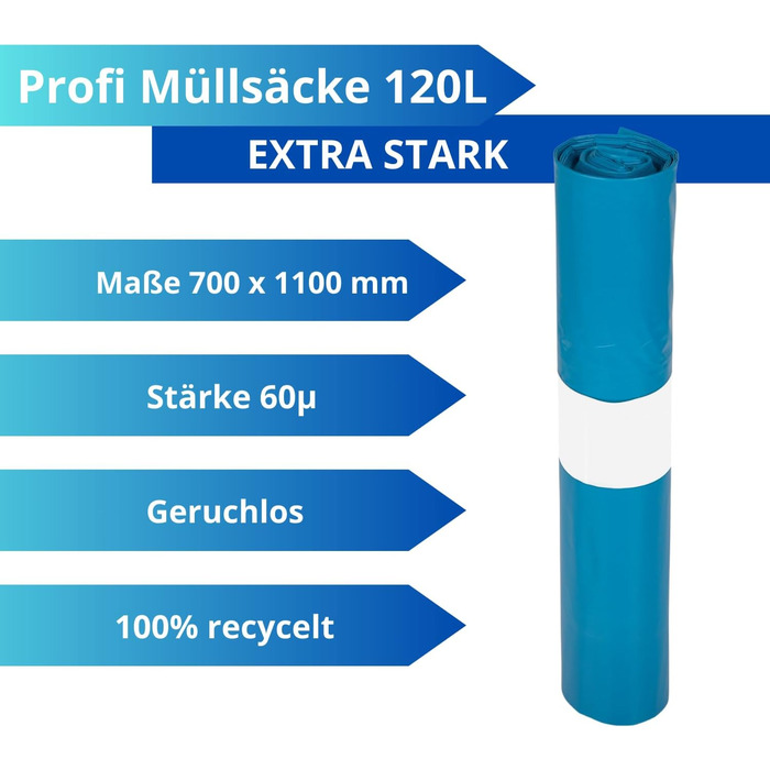 Професійні сміттєві пакети TONECO, 100 надміцних пакетів для сміття - 70 см x 110 см - Сині сміттєві пакети, 120 л - 10 рулонів - Надзвичайно міцні - 100 перероблена плівка (10)
