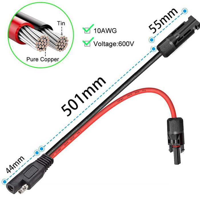 Набори розємів панелей сонячних панелей, з 1 SAE адаптером зворотної полярності для портативної електростанції сонячного генератора, 60 см, 10AWG Solar to SAE Adapter