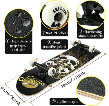 Скейтборд для дорослих повна дошка 31 x 8 дюймів з кульковими підшипниками ABEC-7 7-шаровий клен для початківців дітей та дорослих