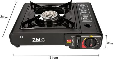 Газова плита ZMC з 1 конфоркою, включаючи адаптер для зрідженого газу та футляр для зберігання. Комплект кемпінгової плити з газовими картриджами 227 г та додатковою гриль-пластиною, для використання на вулиці та в приміщенні. Кемпінгова газова плита з п&