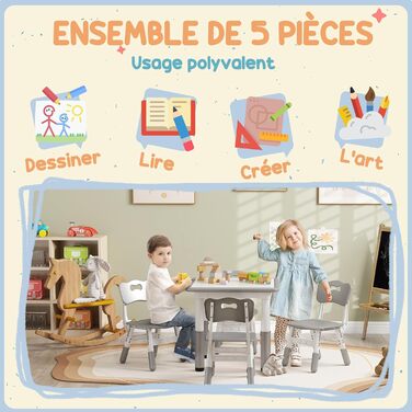 Дитячий комплект столу та стільців, стіл із 4 стільцями, регульована висота, компактний, комплект із 5 предметів, для ігрової кімнати, дитяча кімната, сірий