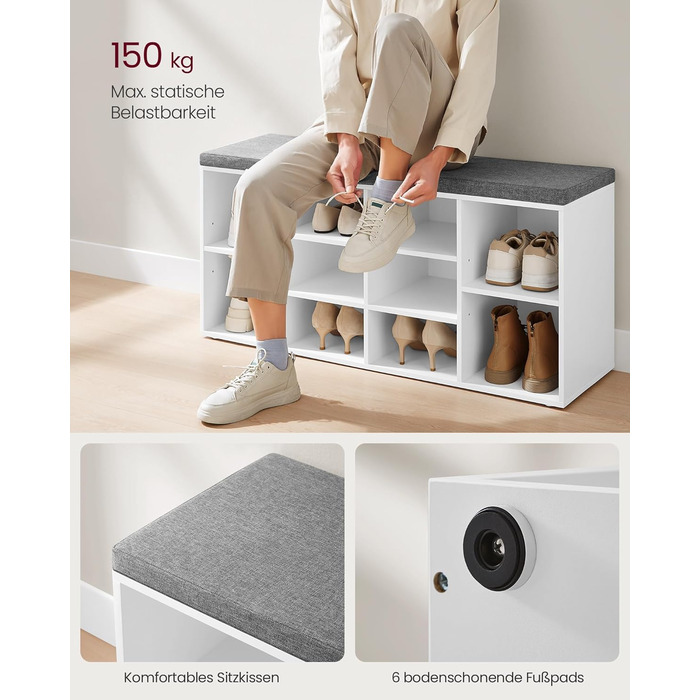 Лавка для взуття VASAGLE, полиця для взуття із сидінням, лавка для зберігання речей, добре оббита, лавка для передпокою з 10 відділеннями, регульовані полиці, для спальні, 30 x 104 x 48 см, біло-сірий LHS10WT білий сірий