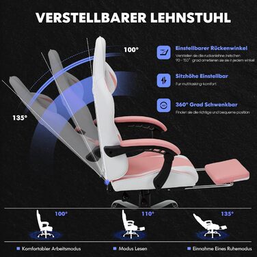 Ігрове крісло COLAMY, комп&39ютерне крісло з підставкою для ніг та поперековою опорою, регульоване по висоті ігрове крісло з поворотним на 360 сидінням та підголівником, крісло для відеогеймерів, ергономічна висока спинка, рожевий сучасний колір