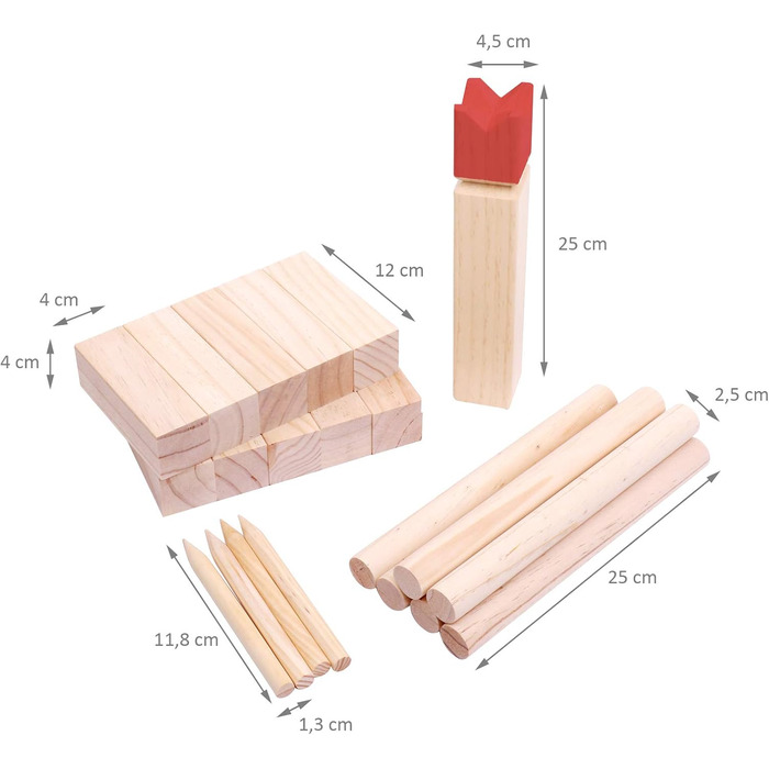 Гра WELLGRO Kubb 22 шт. - для 2-12 гравців, з масиву дерева, червоний король, гра Вікінг в комплекті з інструкцією та сітчастою сумкою - шведські шахи для кидання на галявині