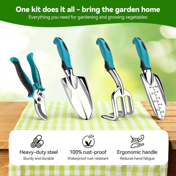 Набір садових інструментів Auvstar, 7 предметів лопатка, граблі, секатор та інше для догляду за садом. З міцним чохлом для зберігання та килимком для пересадки рослин. Ідеальний подарунок для садівників та садівниць