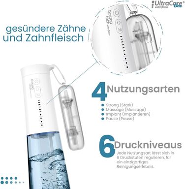 Водяна нитка Ultracare One професійний іригатор для зубів з сімейства Aquapik. 4 режими, 6 рівнів тиску. 8 насадок. Резервуар для води об'ємом 250 мл. З можливістю перезаряджання через USB. Дорожня сумка в комплекті.