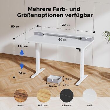 Стіл Agilestic з регульованою висотою та 2 шухлядами, 120 x 60 см Міцний стіл з електричним регулюванням висоти, ергономічний комп&39ютерний стіл для роботи сидячи та стоячи, білий 120 x 60 см