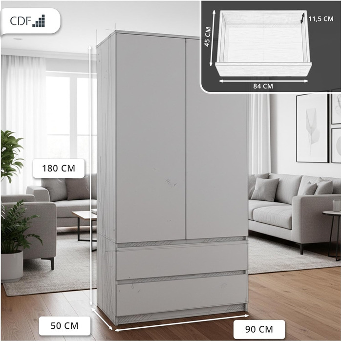 Шафа CDF Біла, ширина 90 см, дитяча кімната, спальня, 2 шухляди, 2-дверна шафа, сучасний вигляд, все для складання в комплекті, одяг, іграшки, біла, без дзеркала
