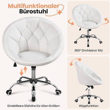Крісло Yaheetech, Туалетне крісло, Крісло для домашнього офісу, Офісне крісло, Офісне крісло з регульованою висотою та м&39яким сидінням, Кругле поворотне крісло з колесами, Робоче крісло зі штучної шкіри, Біле