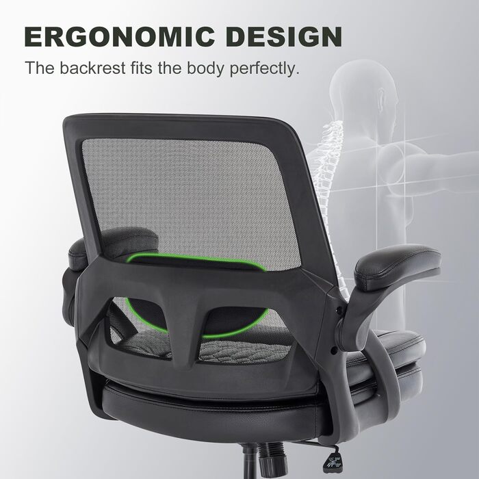 Офісний стілець, стілець для столу, обертовий стілець із сітчастою оббивкою, ергономічний, поперекова підтримка, сидіння 72 см, складні підлокітники, для офісу, домашнього офісу, кабінету, чорний