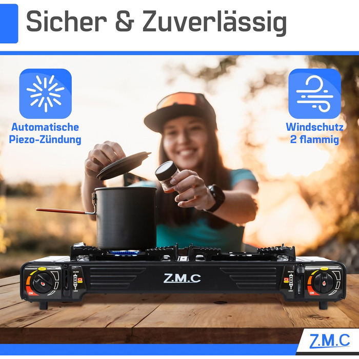Туристична плита ZMC Premium з 2 конфорками, 2,5 кВт, п&39єзоелектричним запалюванням та футляром для перенесення Подвійна газова плита для використання на вулиці, балконі та в приміщенні Комплект газової плити (додатково) включає пластину для гриля 45x24