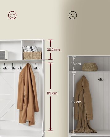 Вішалка для одягу, Шафа, Меблі для входу з полицею для взуття, Регульовані полиці, 20 відкритих відділень, 6 потрійних гачків, Сільський стиль, Окремостояча, Для вхідної зони, Коридор, Хмарно-білий HSR440W03