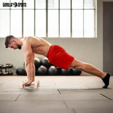 Ручки для віджимань GORILLA SPORTS - Комплект з 2 шт., дерев&39яні, нековзні, вантажопідйомність до 300 кг, вкл. сумку для перенесення - Обладнання для калістеніки, Паралети, Ручки для стійки на руках, Турніри для віджимань, Поперечини для віджимань