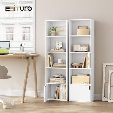 Біла книжкова полиця eSituro, вузька полиця з дверцятами, 5 відділень, окремостояча кубічна полиця для вітальні, спальні, офісу, 5 відділень, біла