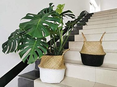 Кошик з морської трави, квітковий горщик, натуральний кошик, плетений кошик для білизни з ручкою для зберігання рослинних іграшок (чорний) Чорна найширша частина 32 x 28 см