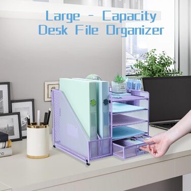 Органайзер для столу, тримач для файлів з 2 тримачами для ручок, 5 рівнів, лоток для паперів та листів з шухлядою, сітчастий настільний органайзер з тримачем для журналів та канцелярського приладдя, фіолетовий/фіолетовий, 5 рівнів