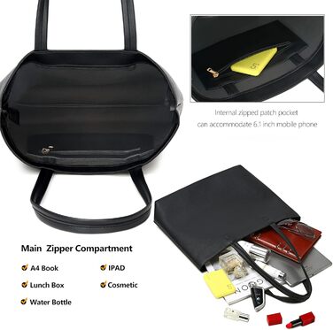 Жіночі сумки з ручкою, прості сумки PU шкіряні сумки для роботи, школи, шопінгу на блискавці та внутрішньою кишенею чорні