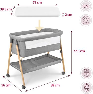 Дитяче ліжечко Moby-System Mili Дорожнє ліжечко 06 місяців, Складане з матрацом, Сітчасті боковини, Місце для зберігання, Колеса з гальмом, Легке та стійке, Сірого кольору, Для новонароджених, Приліжкове ліжечко без свердління, Макс. 9 кг.